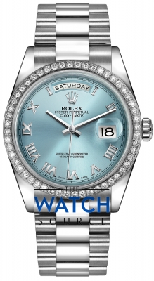 Buy this new Rolex Day-Date 36mm Platinum Diamond Bezel 118346 Ice Blue Roman President midsize watch for the discount price of £57,609.00. UK Retailer.